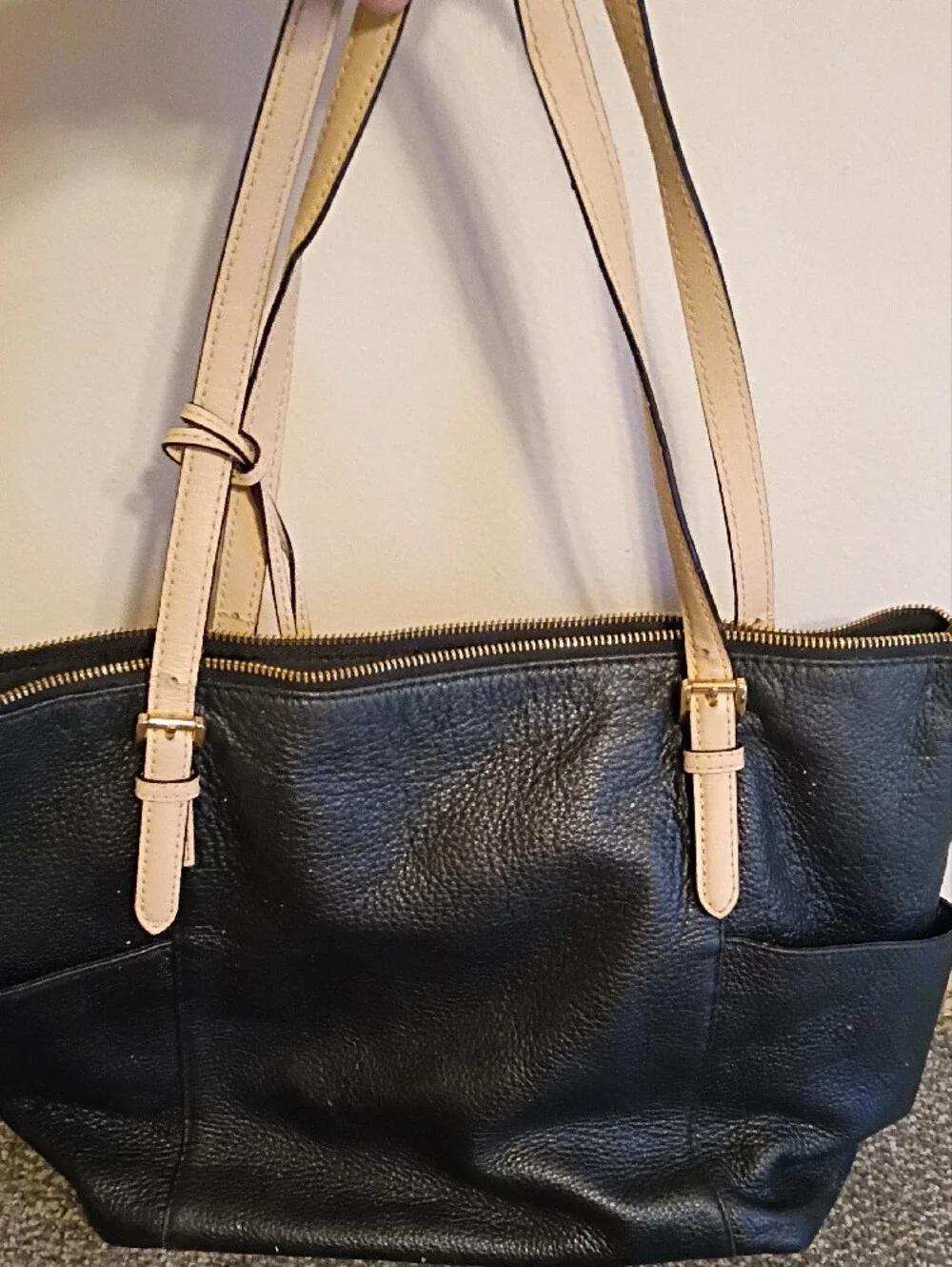 Michael Kors Pebbled  Black Leather Tote with Cream Handles and Gold Hardware